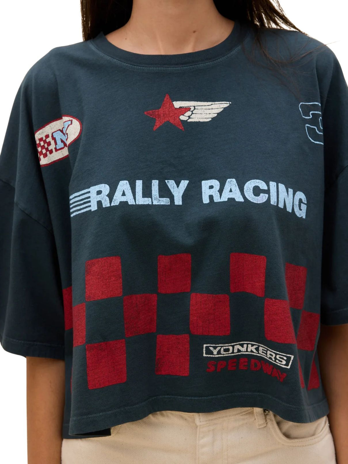 Daydreamer Yonkers Speedway Cropped Oversized Tee in Vintage Black