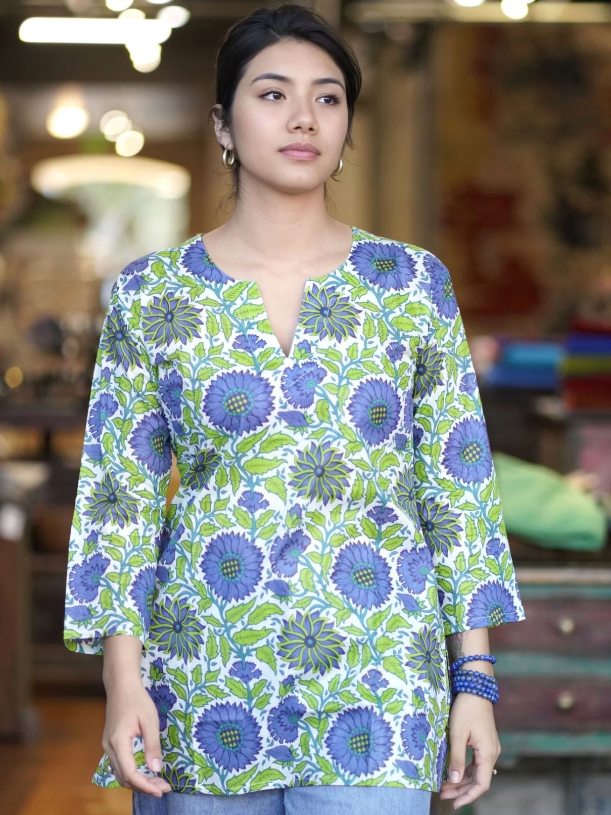 Dolma Hailey Floral Cotton Tunic in Green/Purple