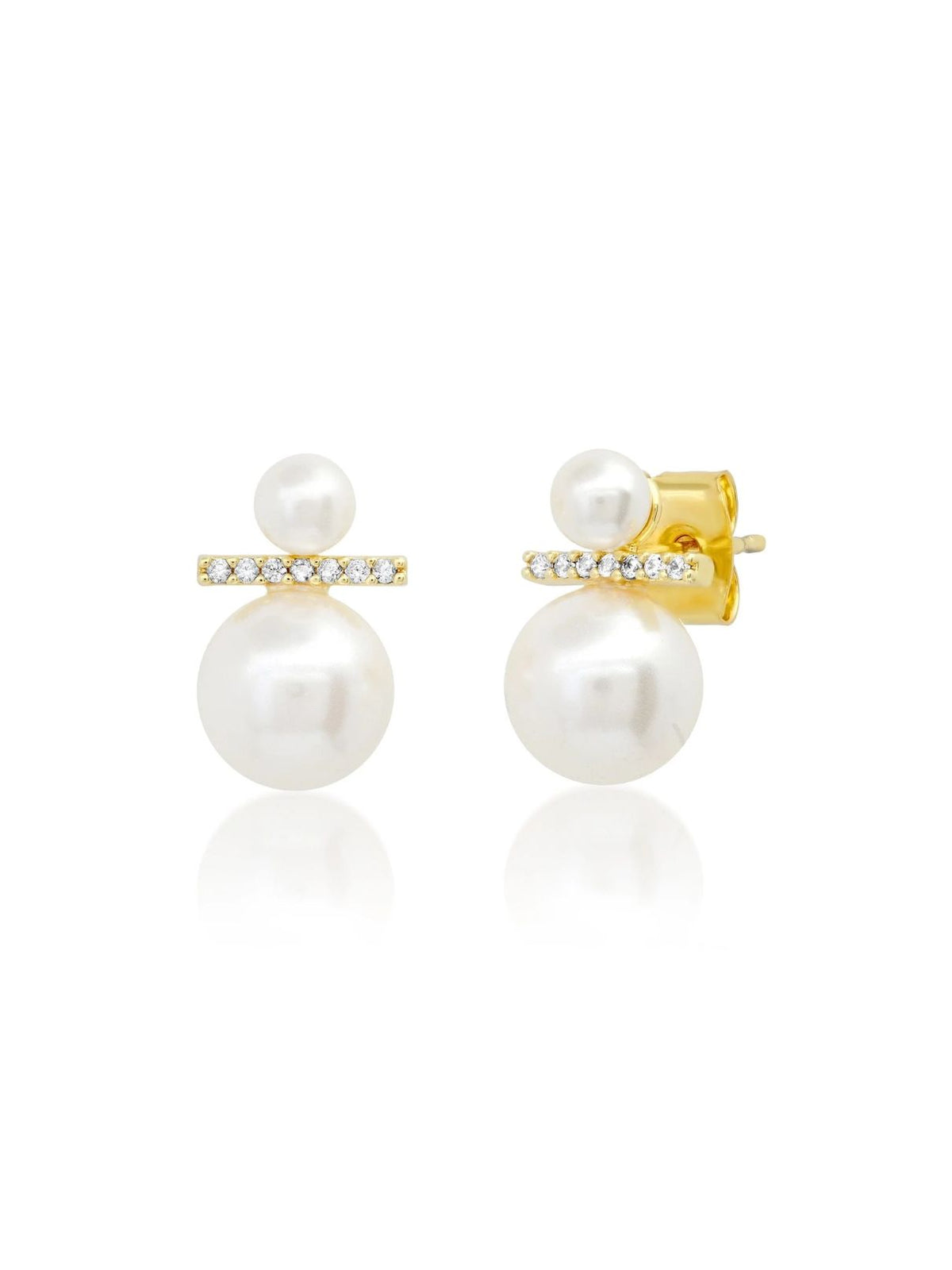 Double Swarovski Pearl & CZ Modern Stud Earrings in Gold