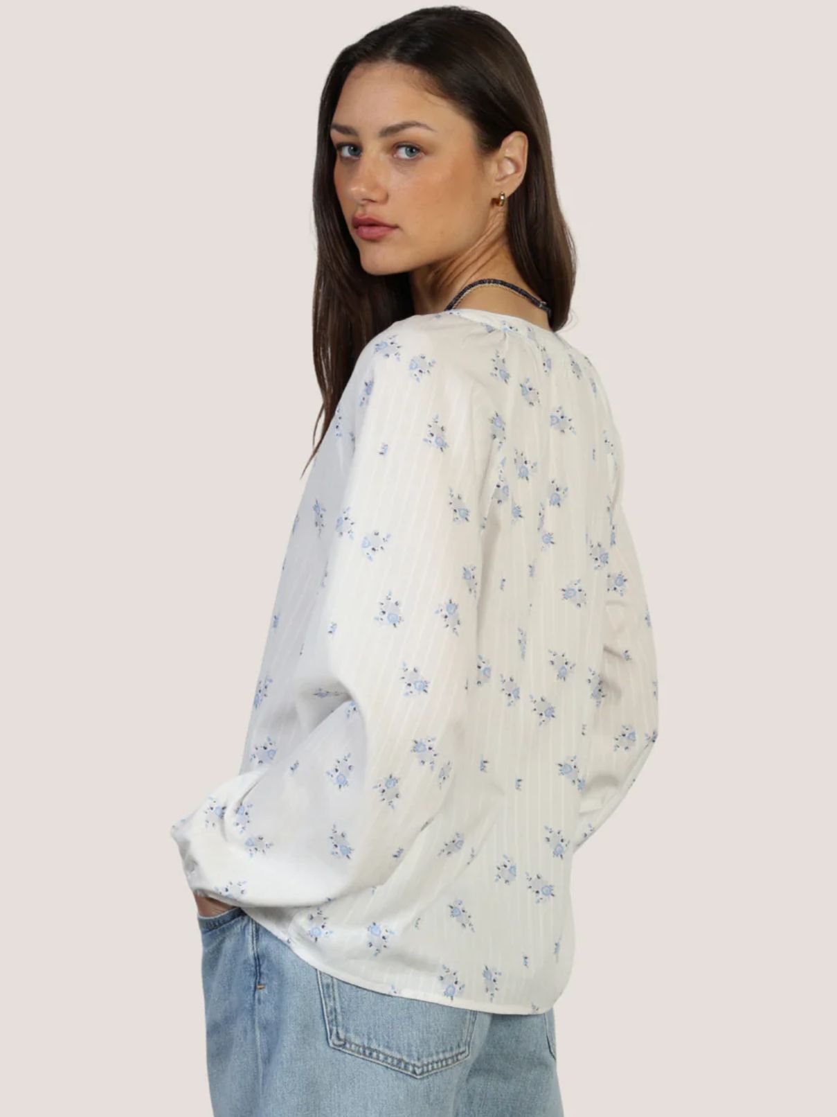 Dylan Faded Floral Blouse in White/Navy