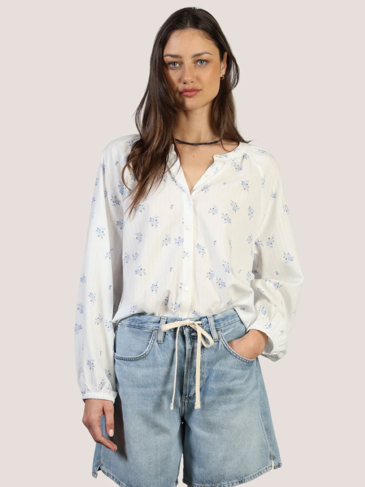 Dylan Faded Floral Blouse in White/Navy
