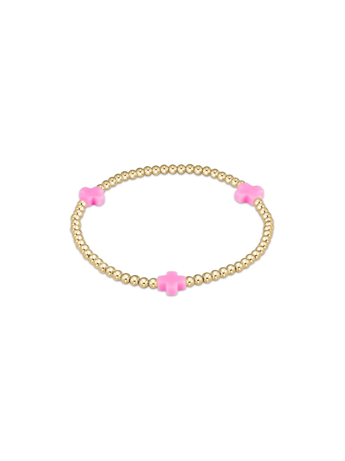 E Newton Signature Small Cross 2mm Gold Beads Bracelet in Bright Pink