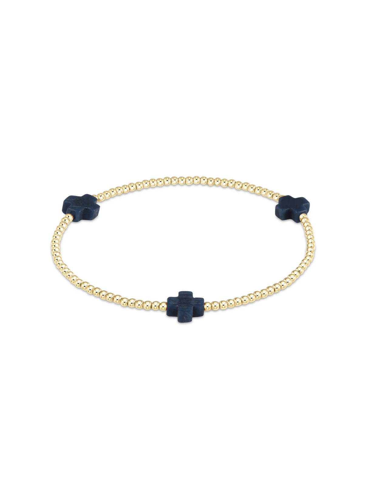 E Newton Signature Small Cross 2mm Gold Beads Bracelet in Navy