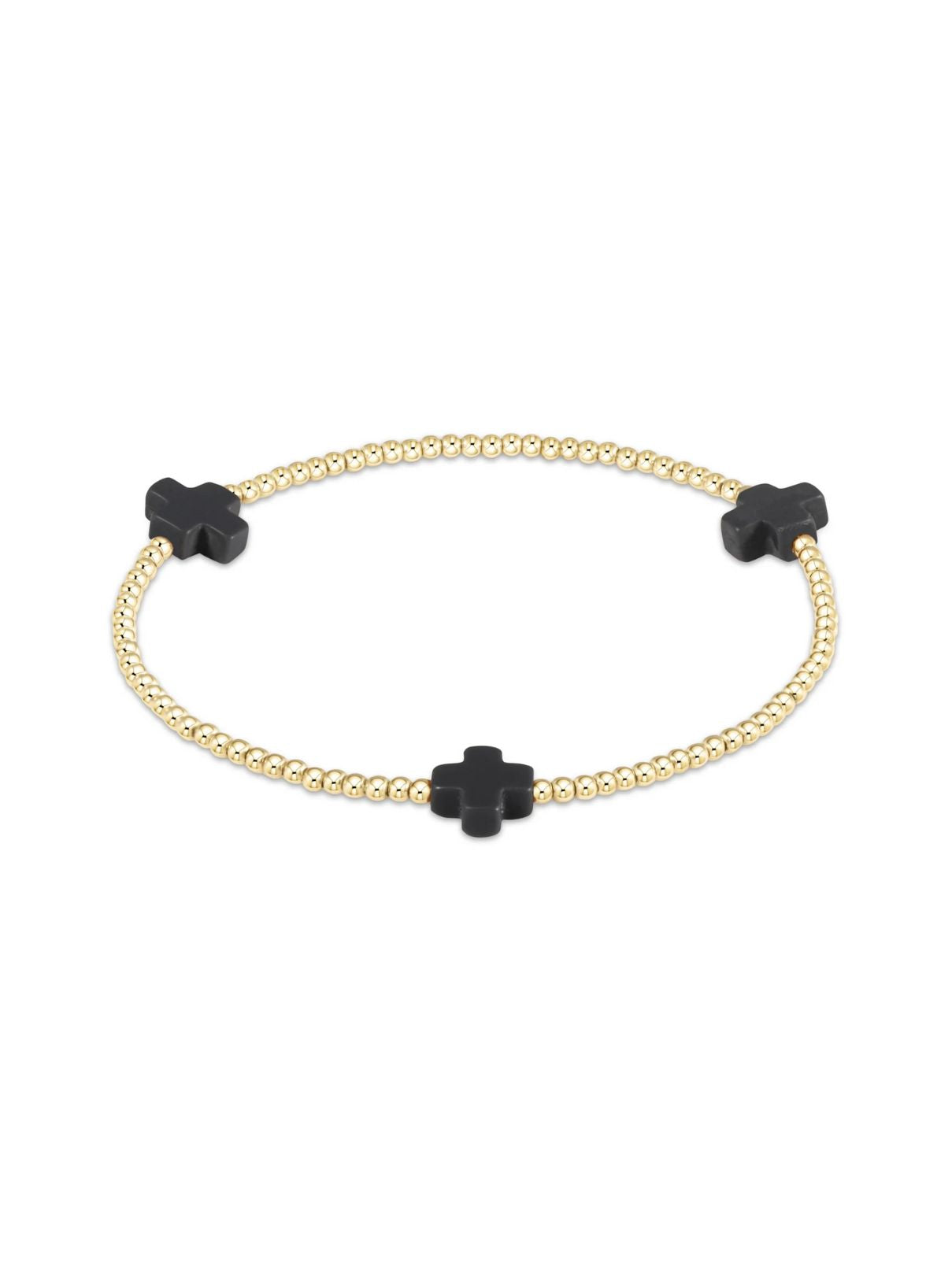 E Newton Signature Small Cross 2mm Gold Beads Bracelet in Onyx