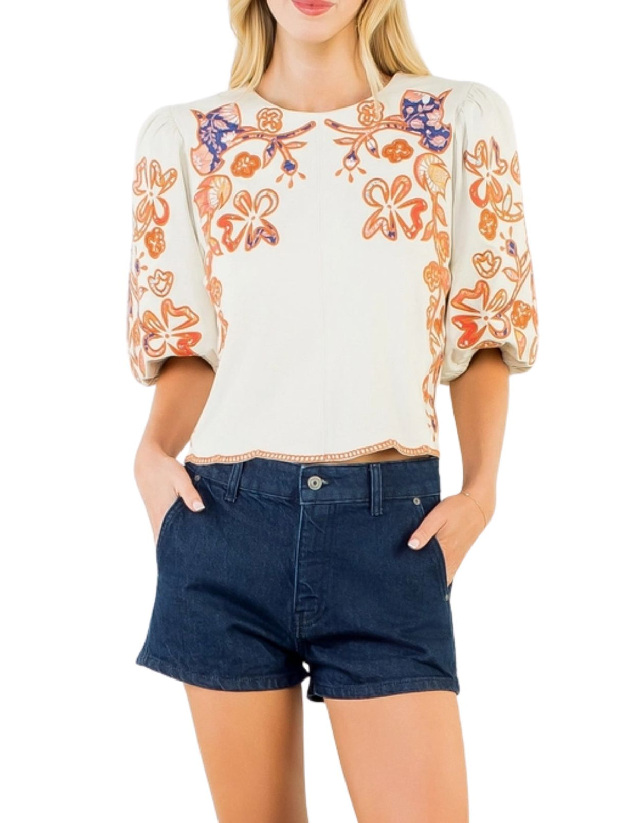 Floral Embroidered Puff Sleeve Top – Orange/Blue/Cream