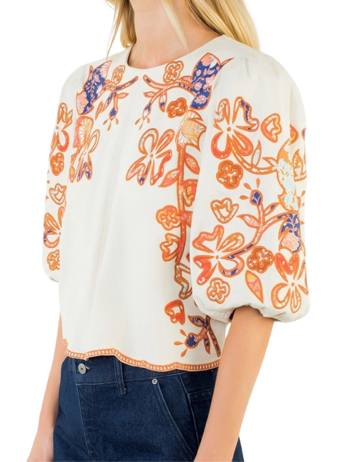 Floral Embroidered Puff Sleeve Top – Orange/Blue/Cream