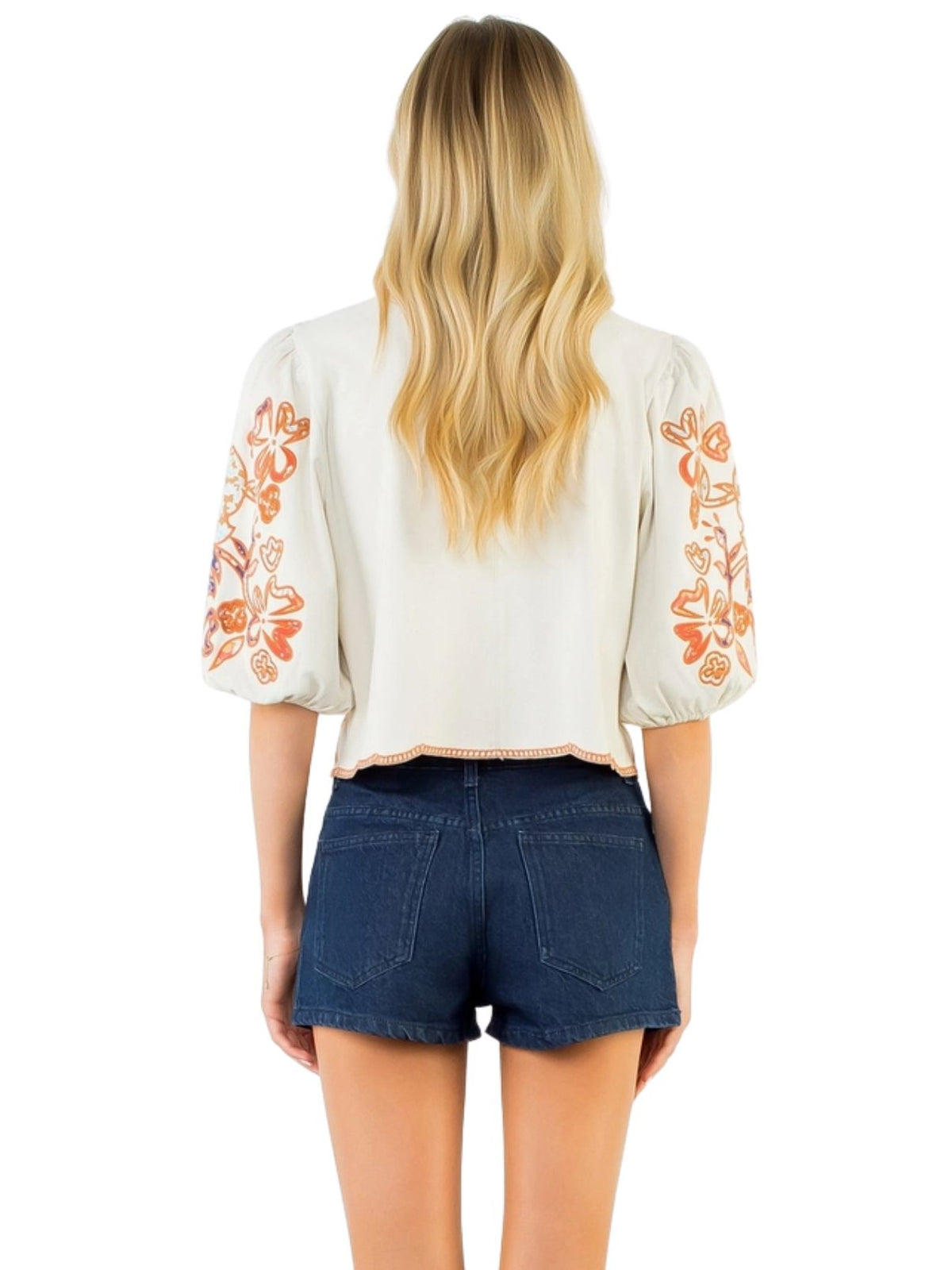 Floral Embroidered Puff Sleeve Top – Orange/Blue/Cream
