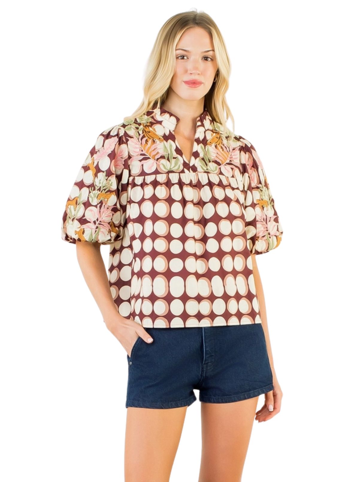 Floral Horse Embroidered Puff Sleeve Top – Brown
