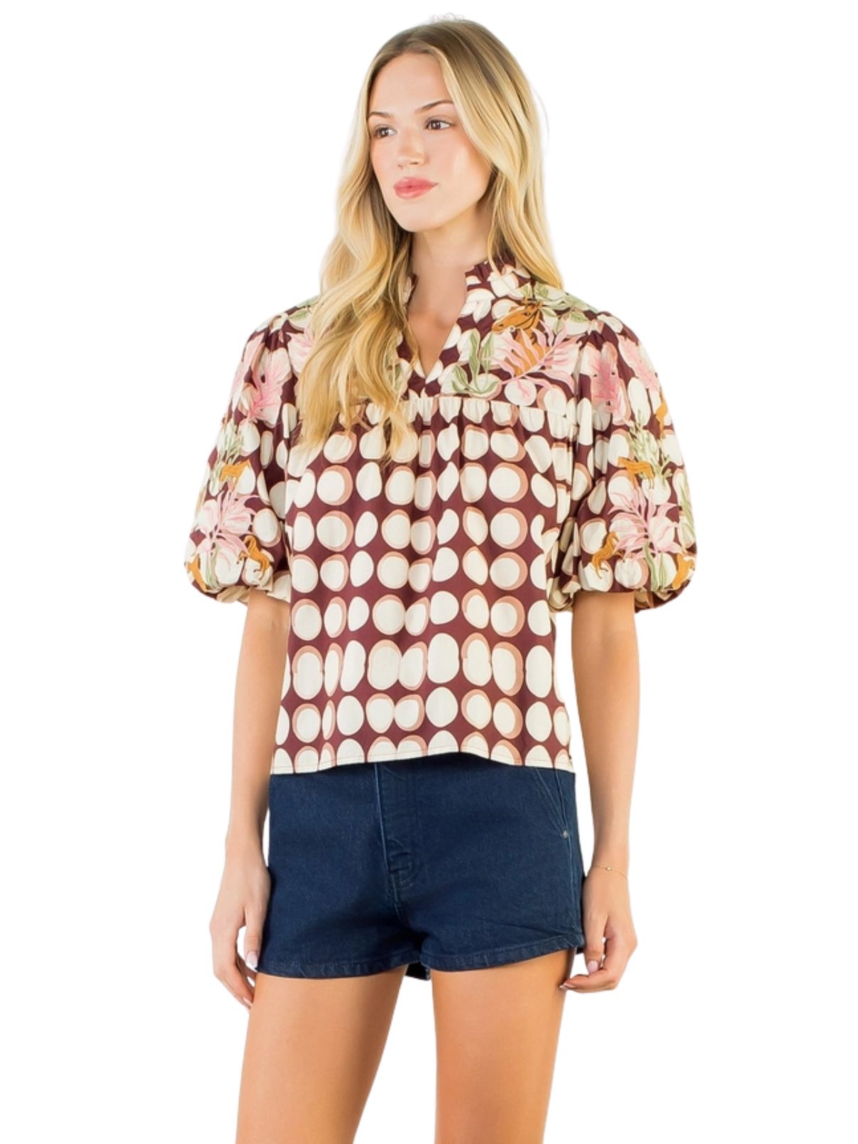 Floral Horse Embroidered Puff Sleeve Top – Brown