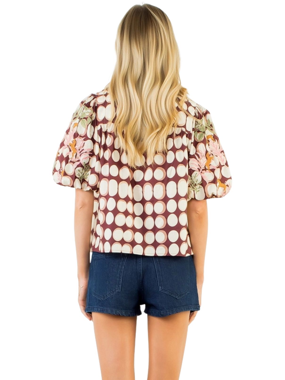 Floral Horse Embroidered Puff Sleeve Top – Brown