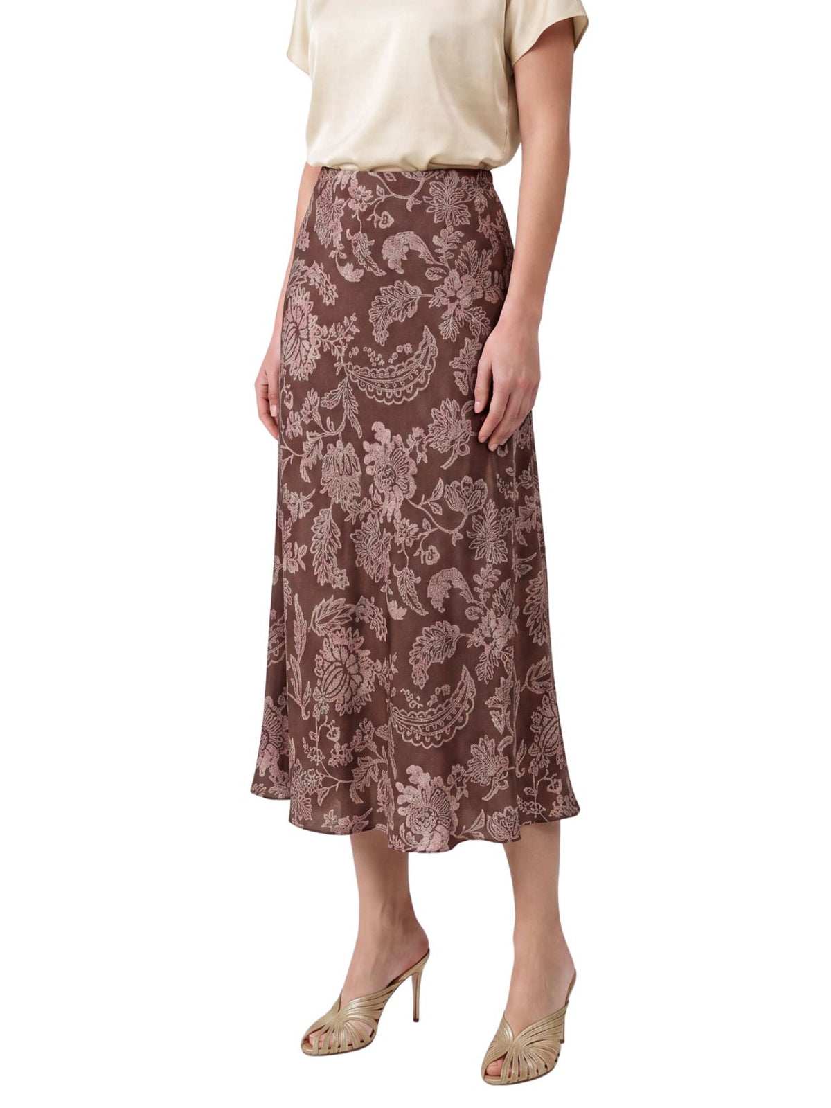 Floral Printed Bias Midi Skirt in Brown & Pink