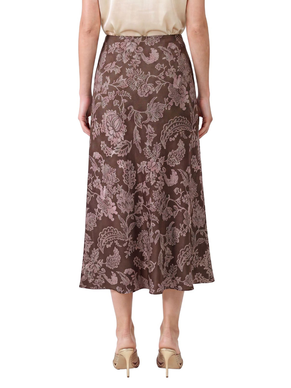 Floral Printed Bias Midi Skirt in Brown & Pink