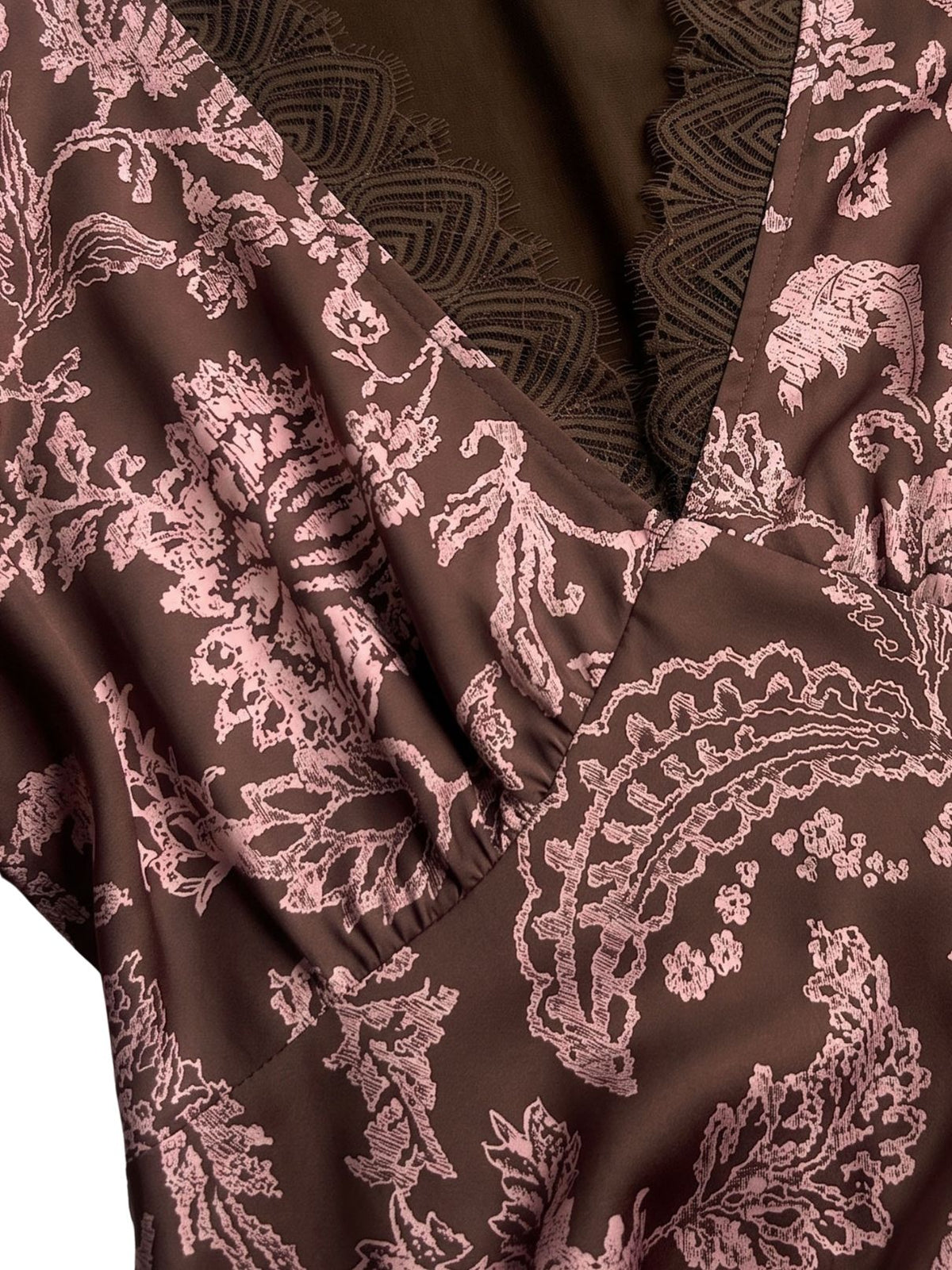 Floral Printed Lace V-Neck Maxi Dress in Brown & Pink