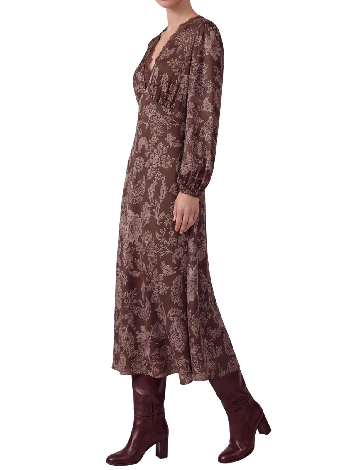 Floral Printed Lace V-Neck Maxi Dress in Brown & Pink