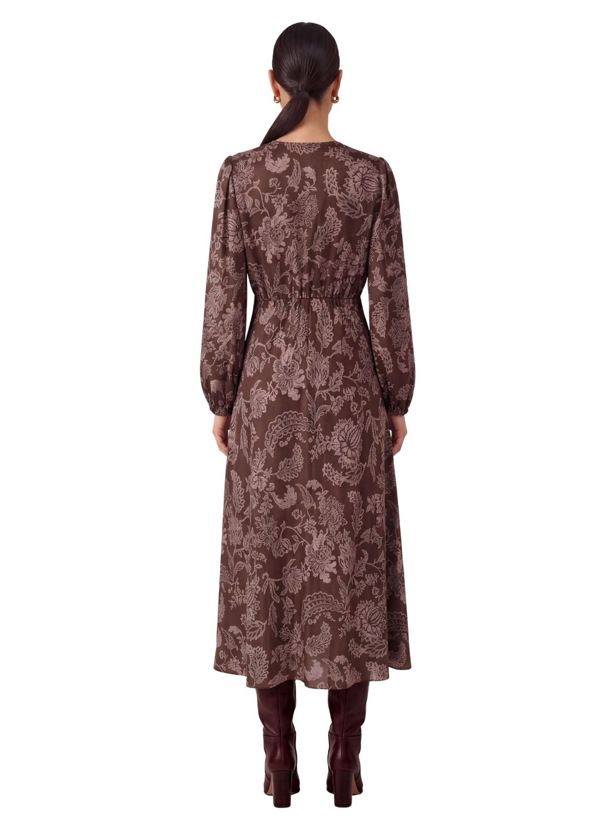 Floral Printed Lace V-Neck Maxi Dress in Brown & Pink
