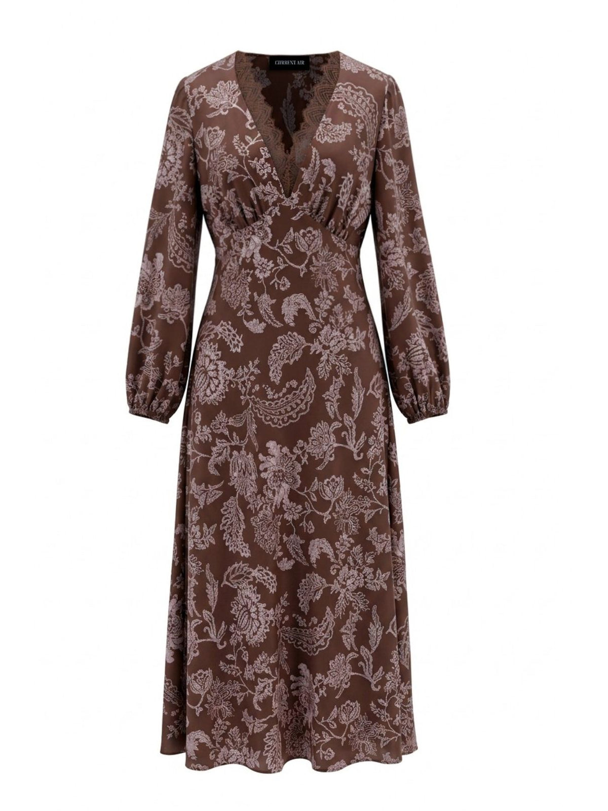 Floral Printed Lace V-Neck Maxi Dress in Brown & Pink