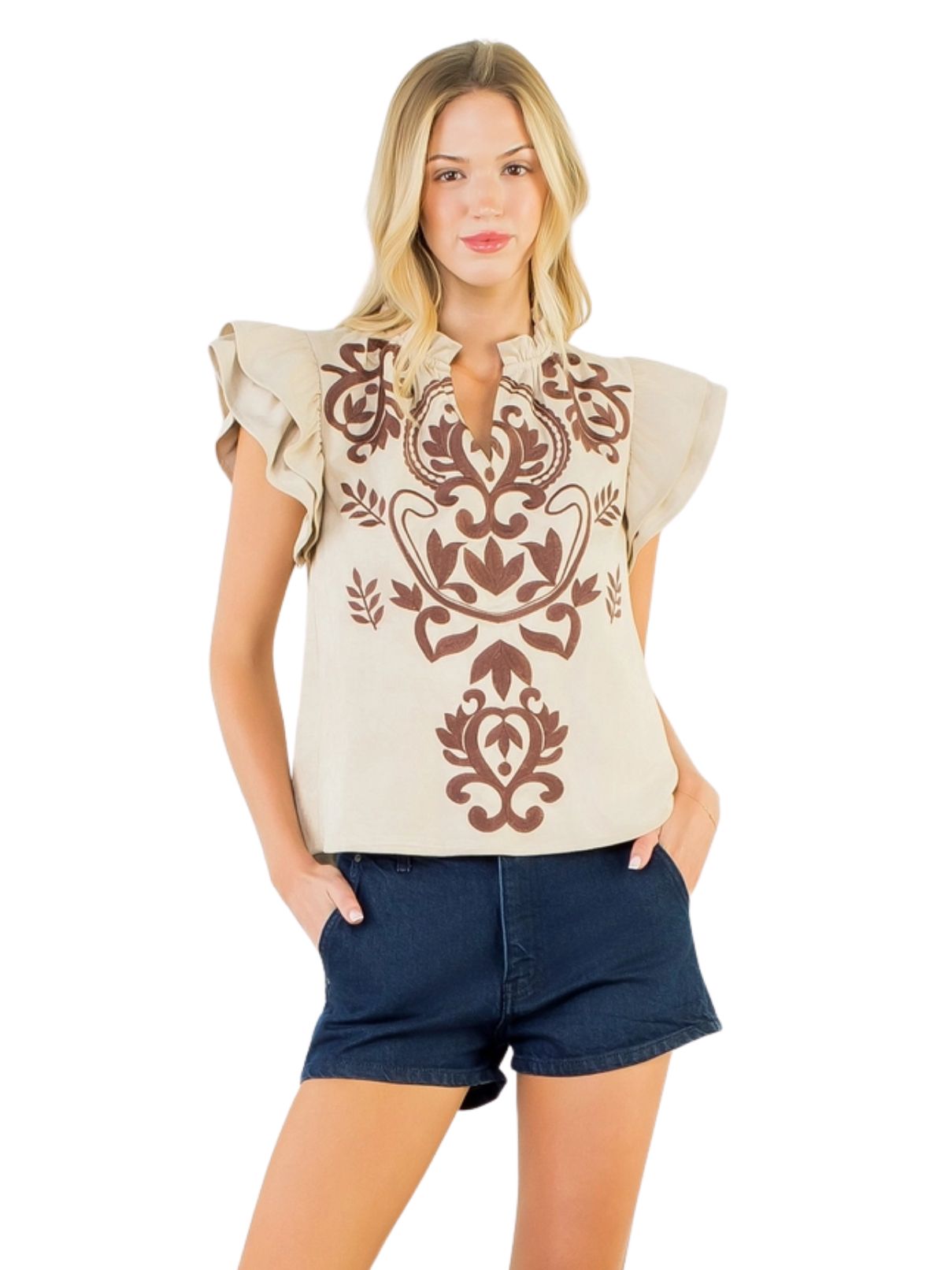 Flutter Embroidered Suede Top – Cream