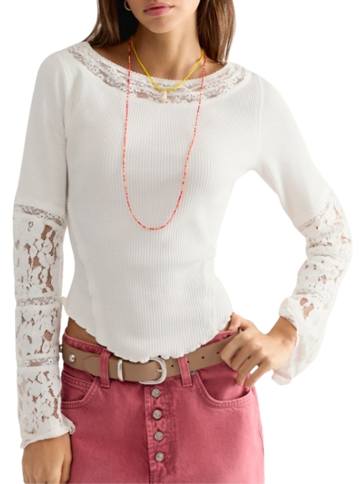 Free People Amber Lace Cuff Long Sleeve Top – White