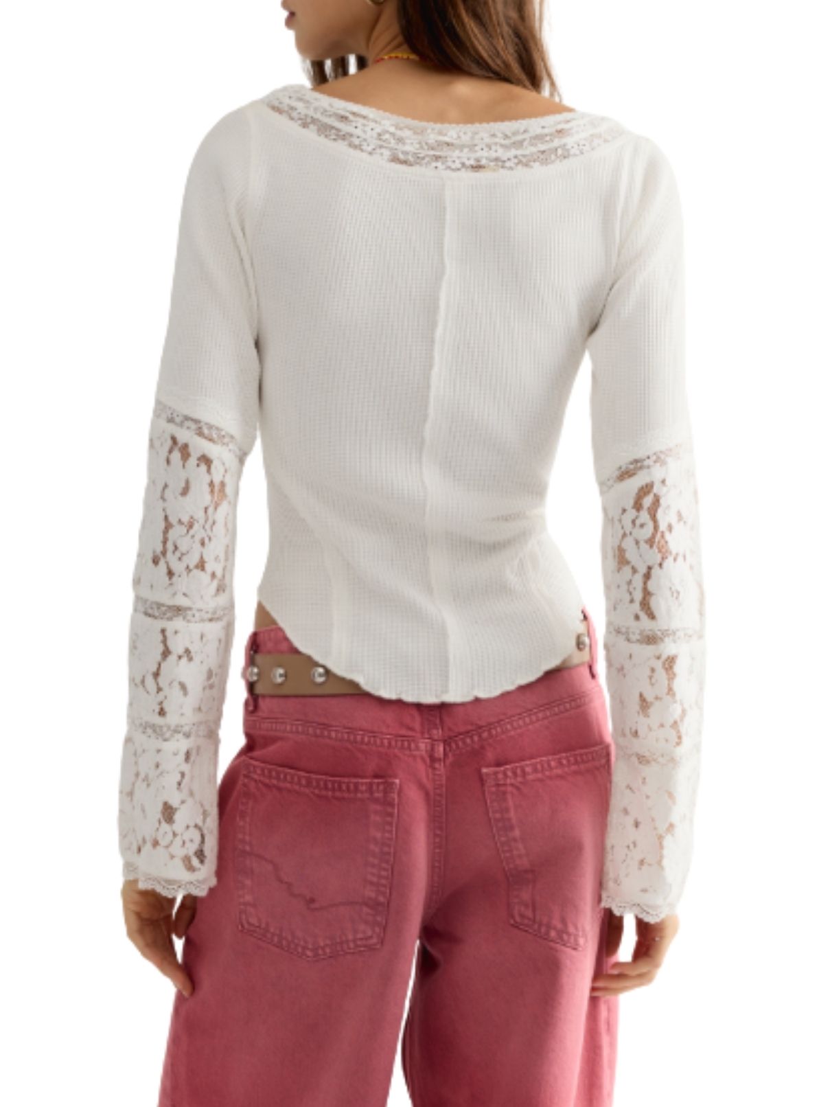 Free People Amber Lace Cuff Long Sleeve Top – White