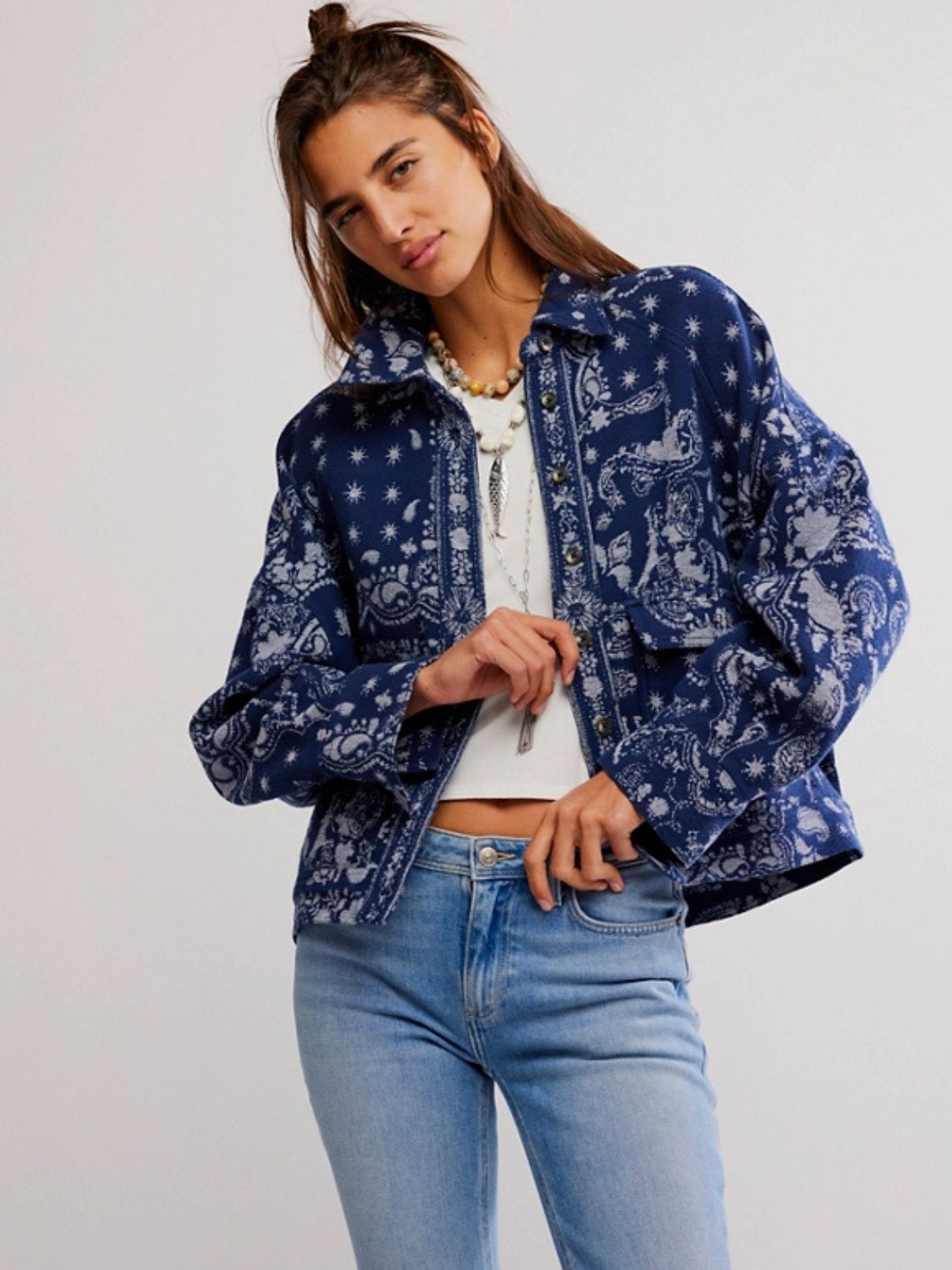 Free People Bandana Jacquard Shirt in Indigo