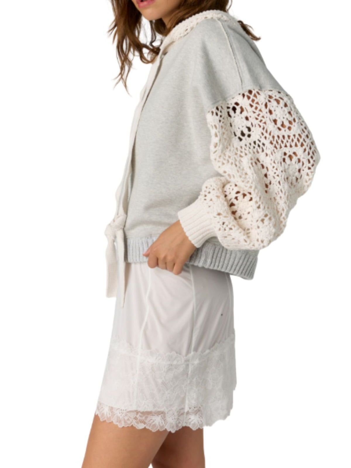 Free People Laced In Cotton Hoodie in Heather Grey