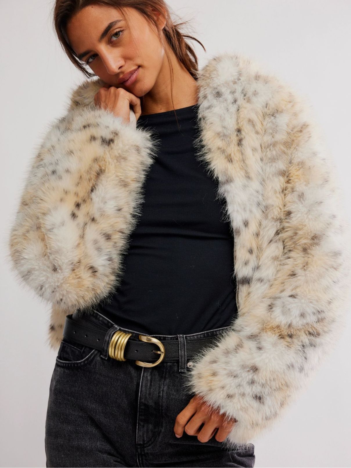 Free People Louder Please Hooded Snow Leopard Jacket