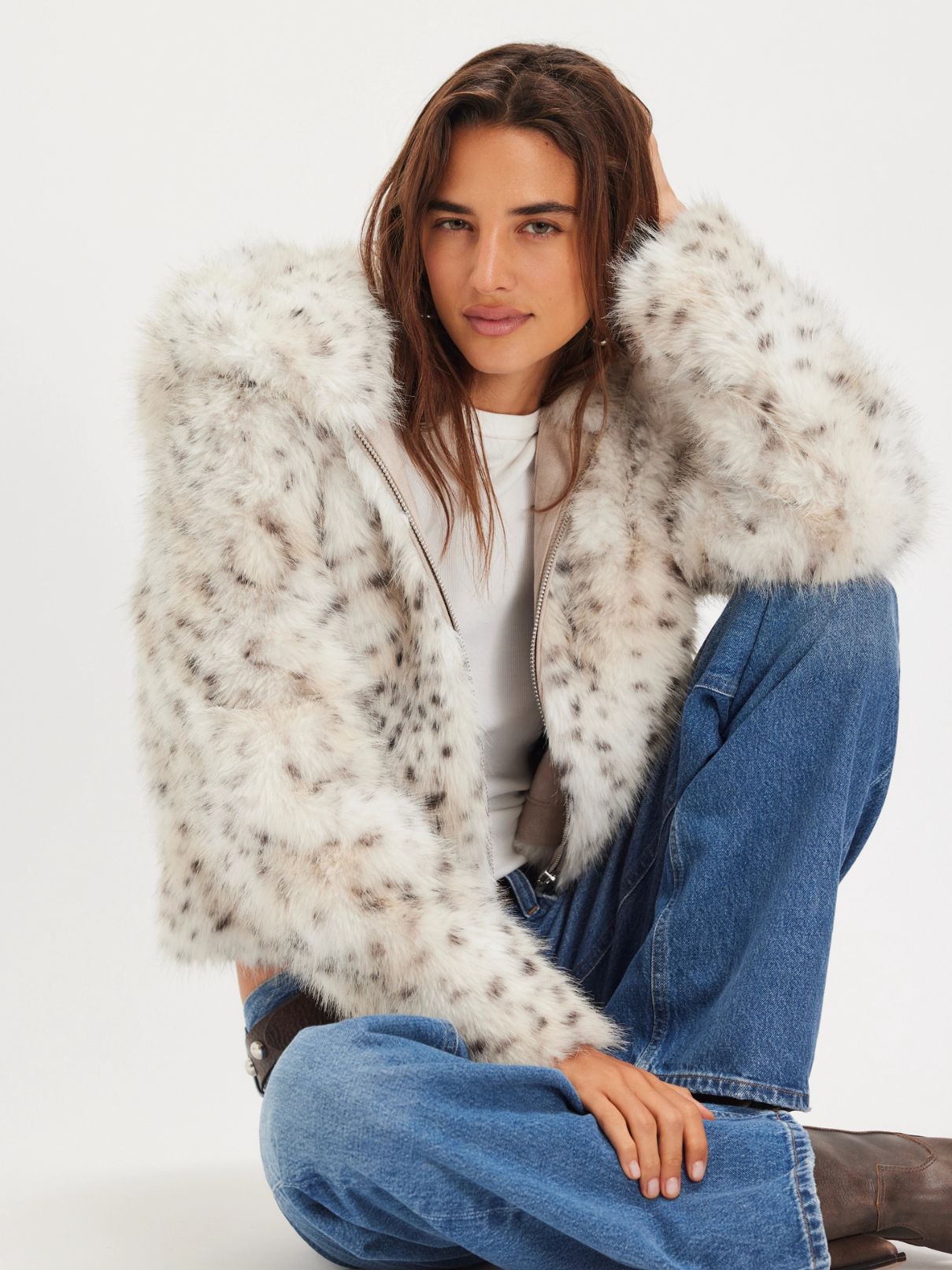 Free People Louder Please Hooded Snow Leopard Jacket