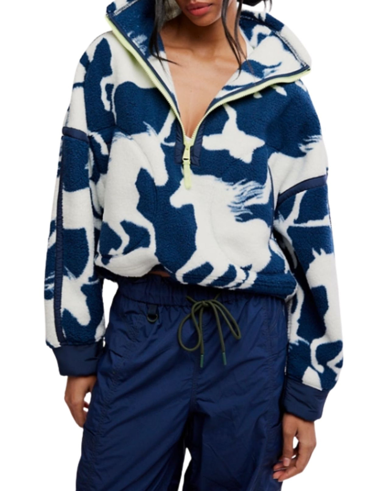 Free People Mountain High Printed Half-Zip Fleece in Wild Horses Navy Combo