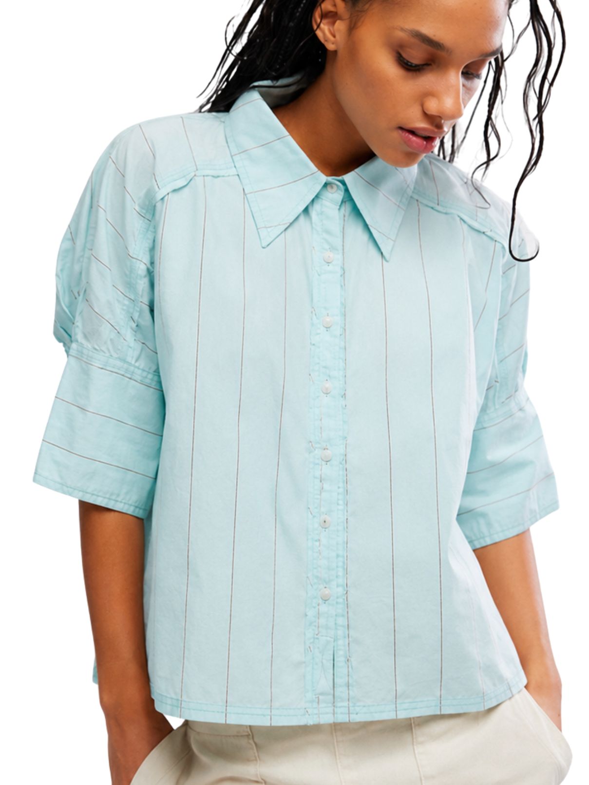 Free People Seaside Cotton Stripe Shirt in Sky