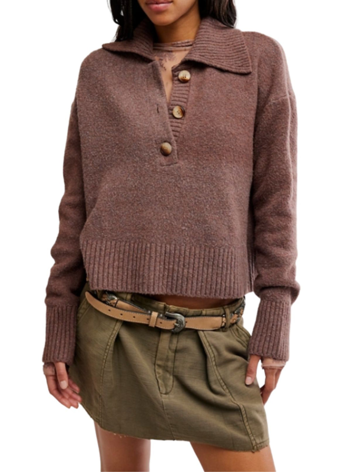 Free People Trading Up Polo Sweater in Enchanted Oak Melange