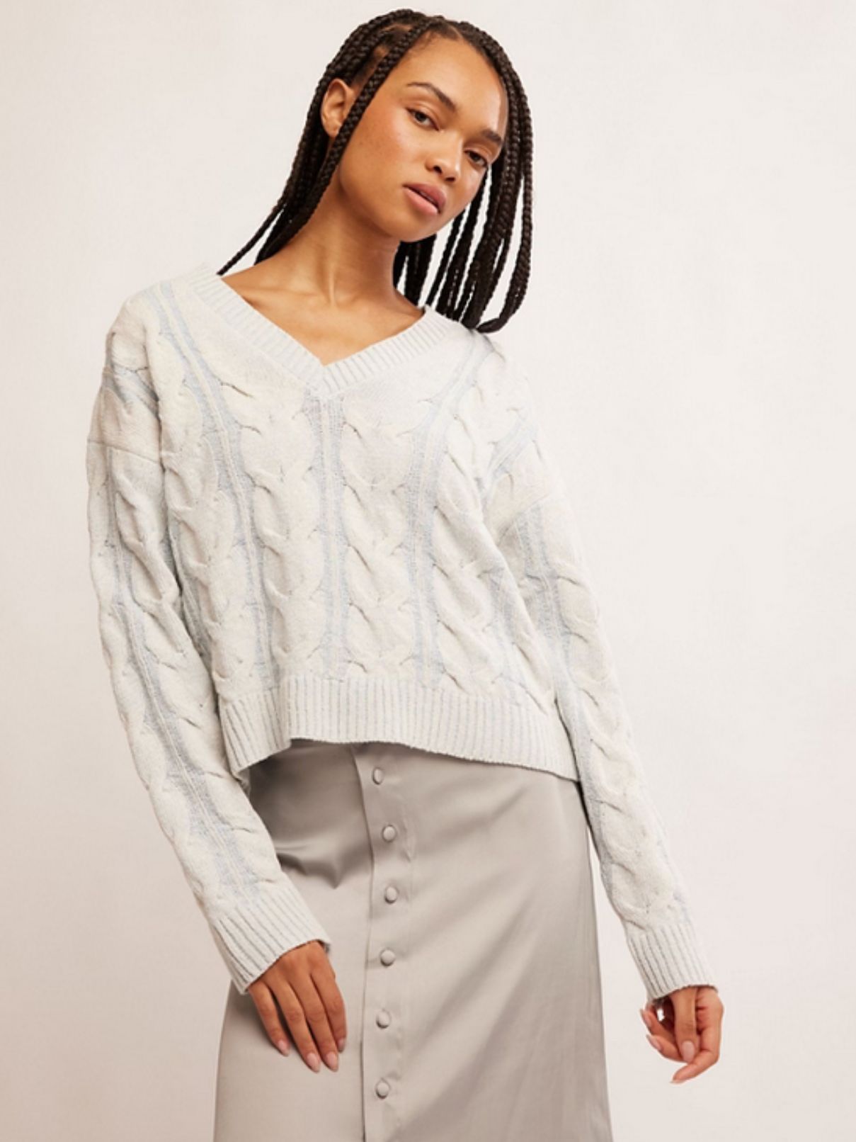 Free People Washed Cable V neck in Blue