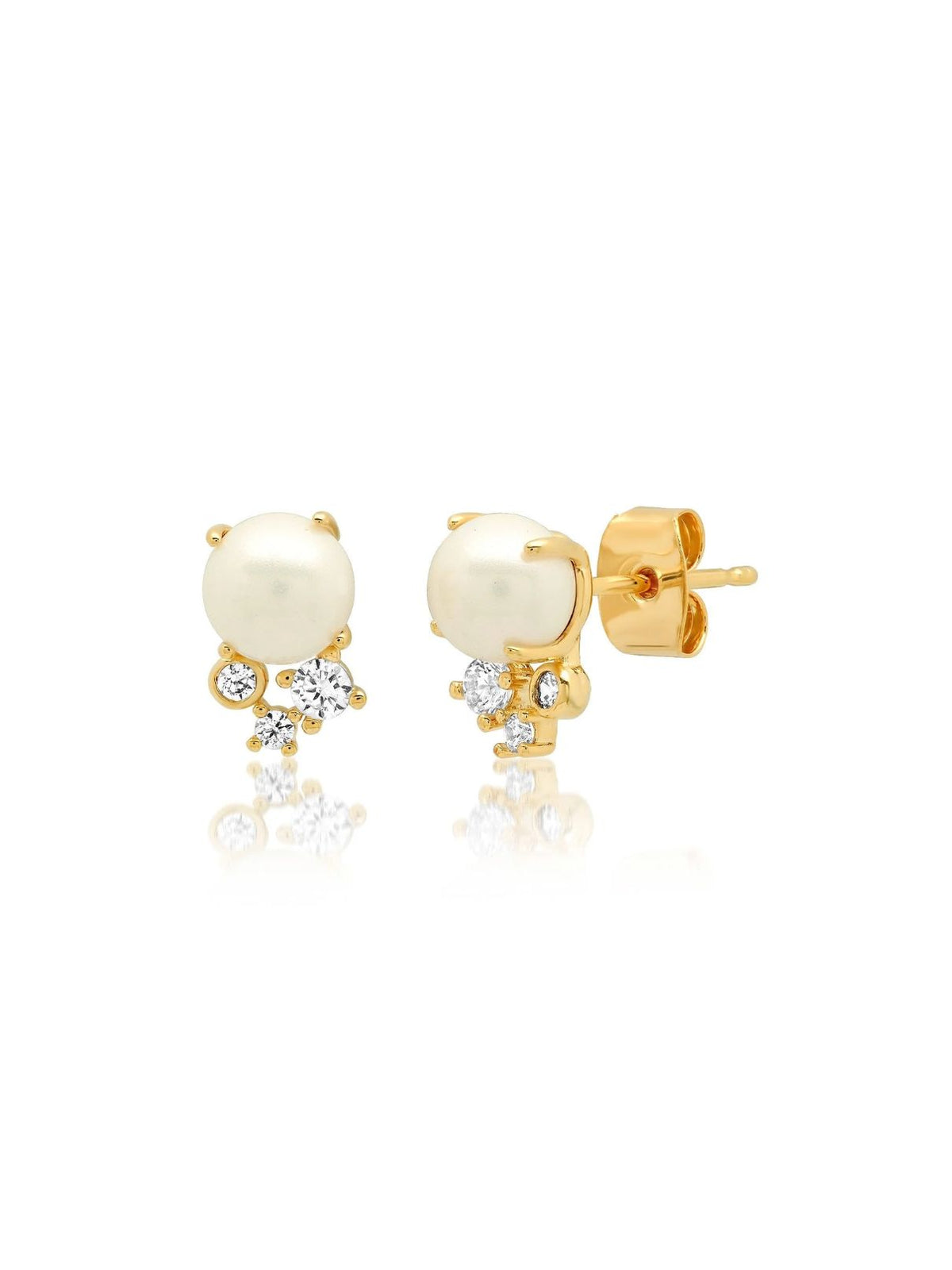 Freshwater Pearl Stud Earrings with CZ Cluster in Gold