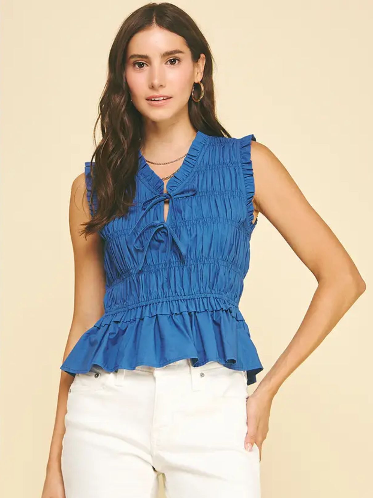 Front Tie Smocked in Denim Blue