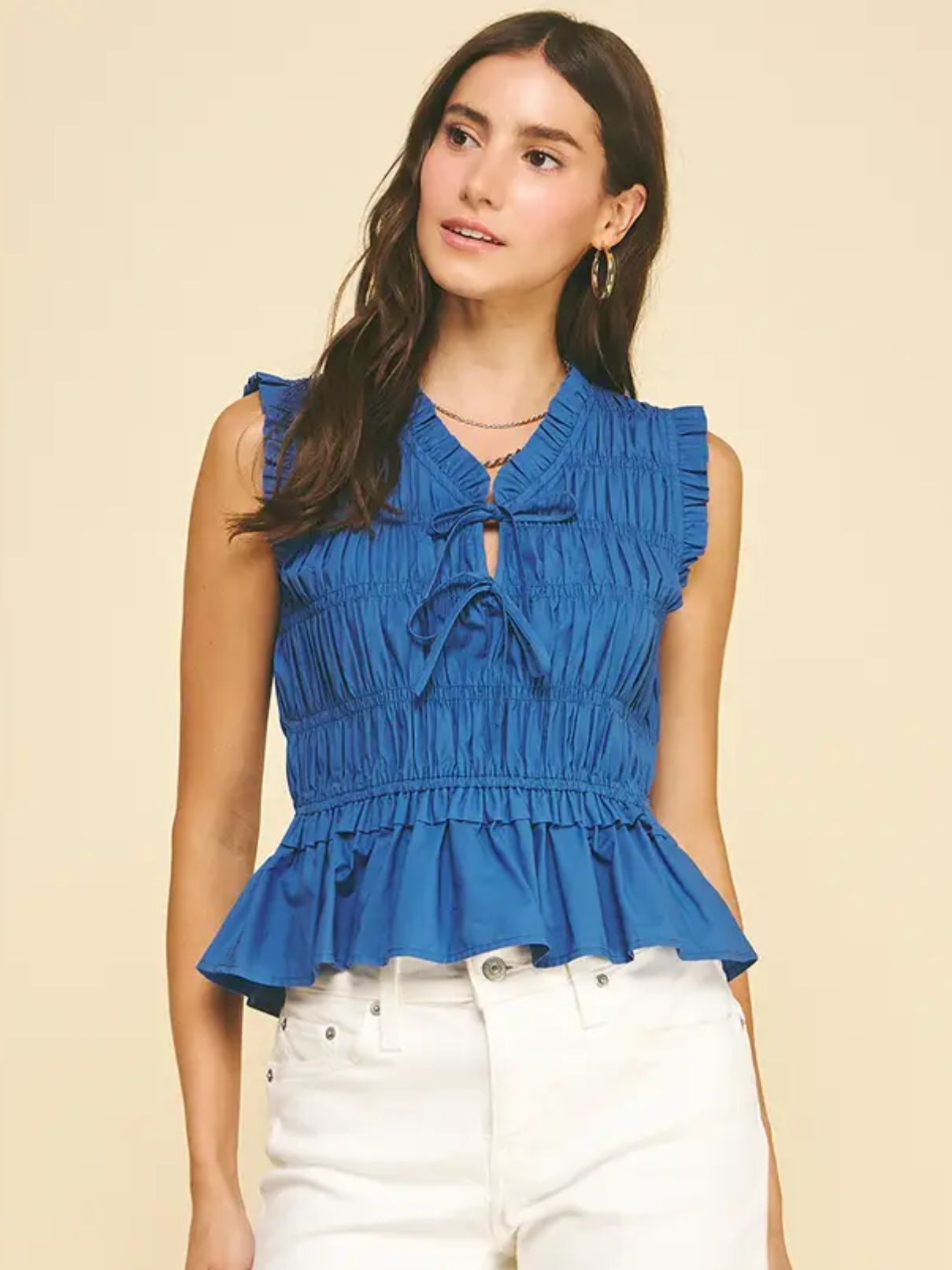 Front Tie Smocked in Denim Blue