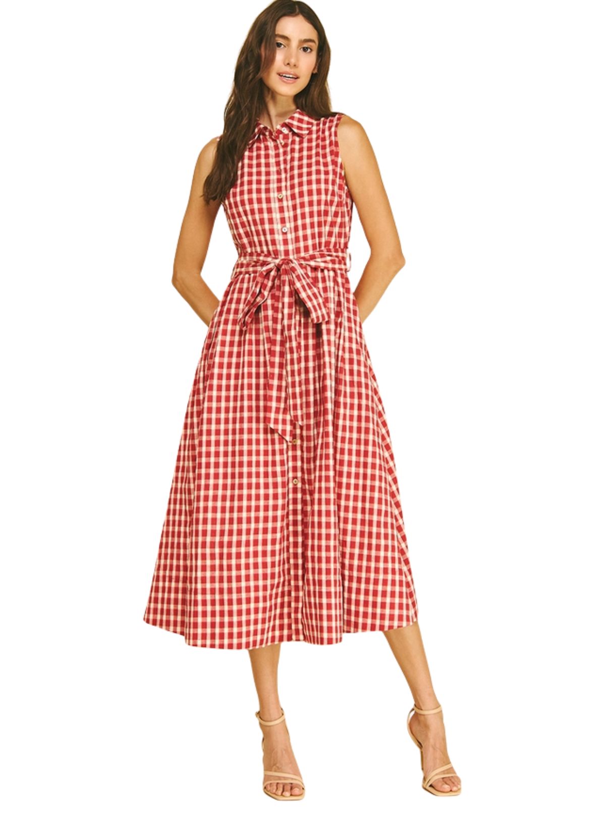 Gingham Check Button Down Midi Dress in Red