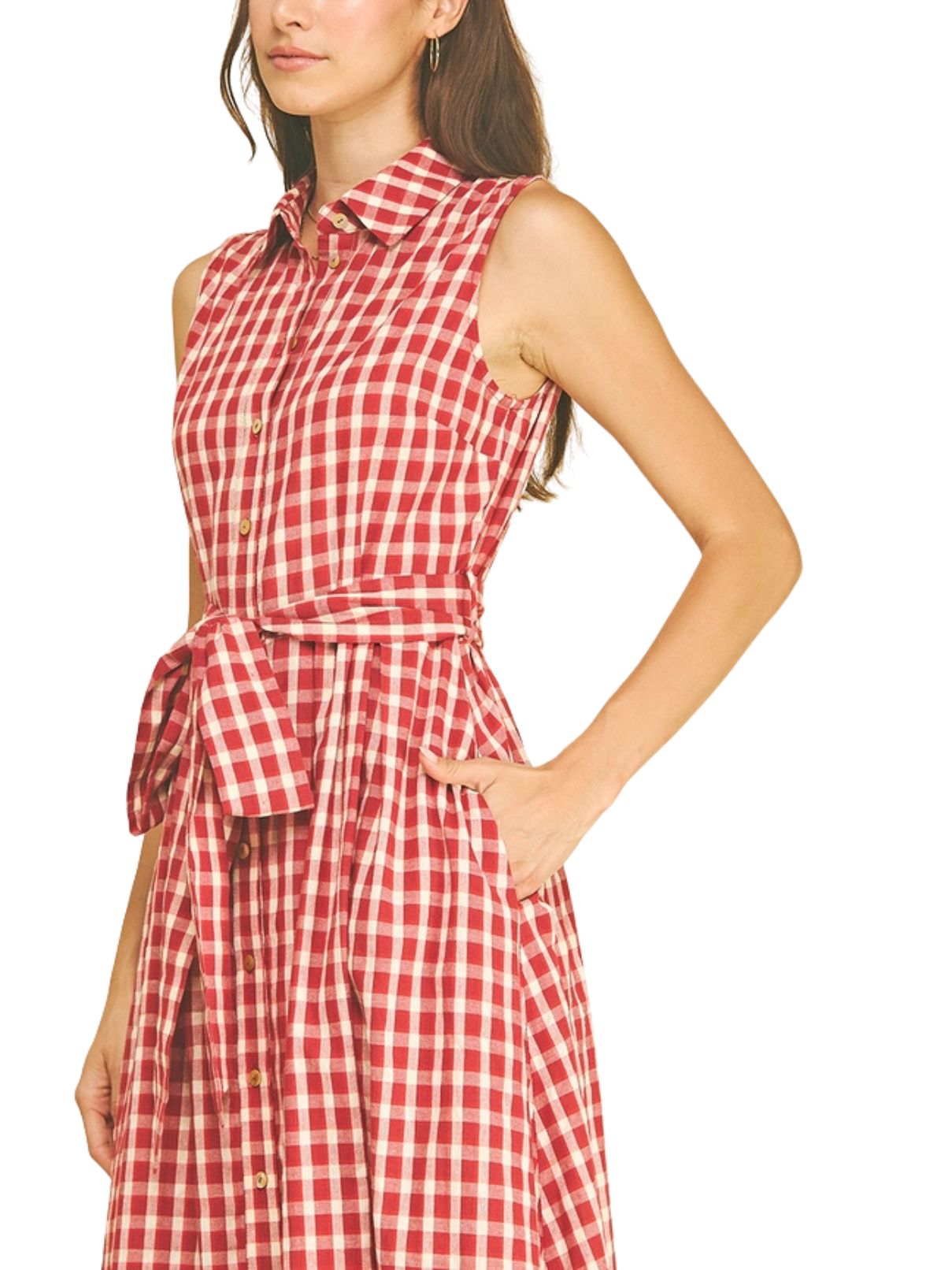 Gingham Check Button Down Midi Dress in Red