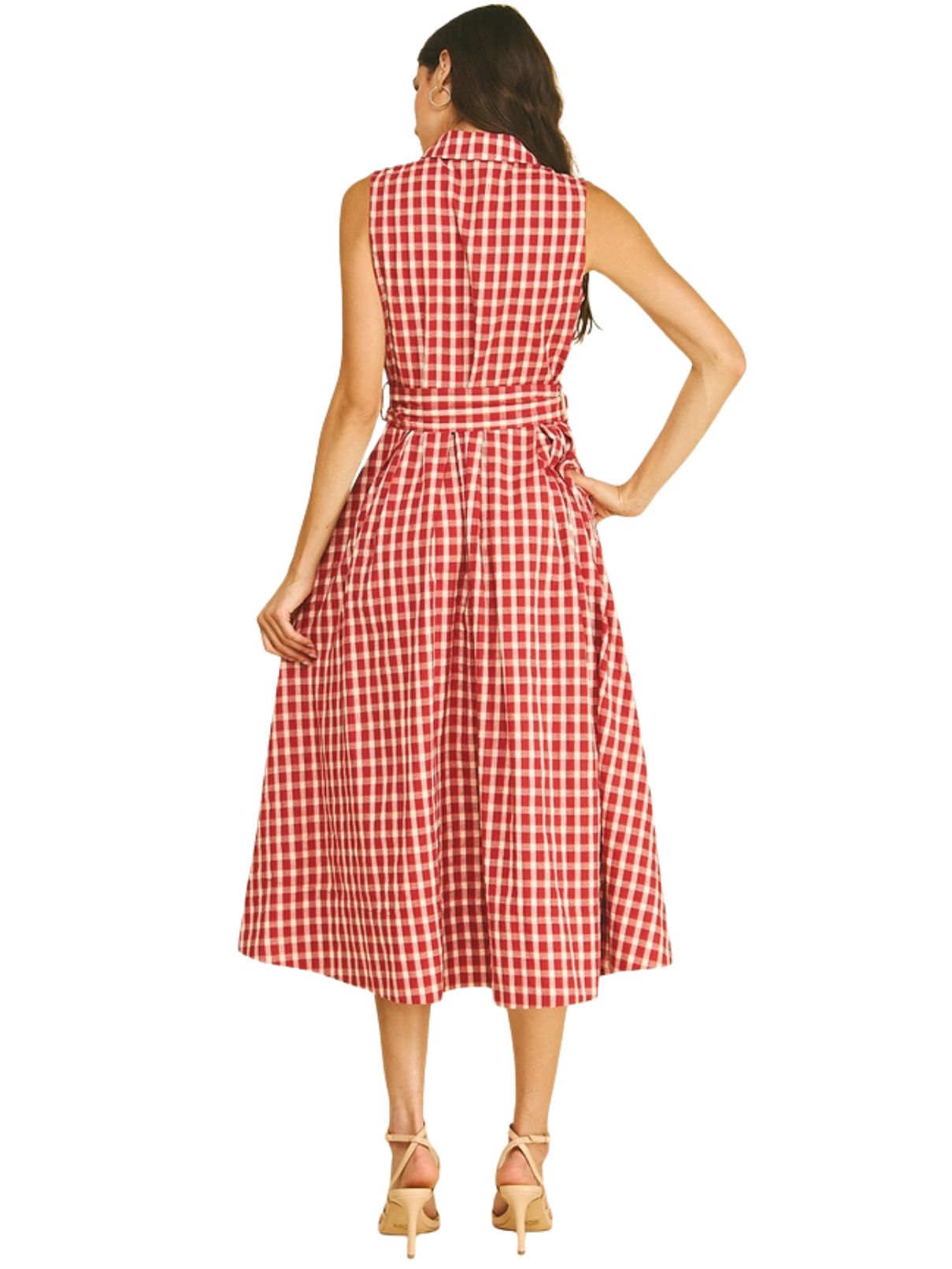 Gingham Check Button Down Midi Dress in Red