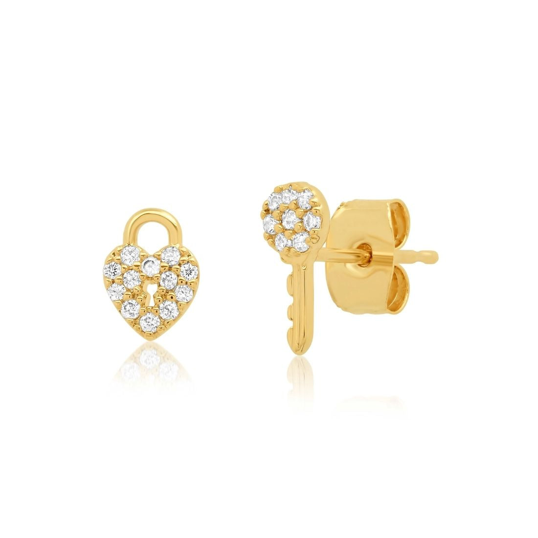 Heart Lock & Key CZ Stud Earrings in Gold
