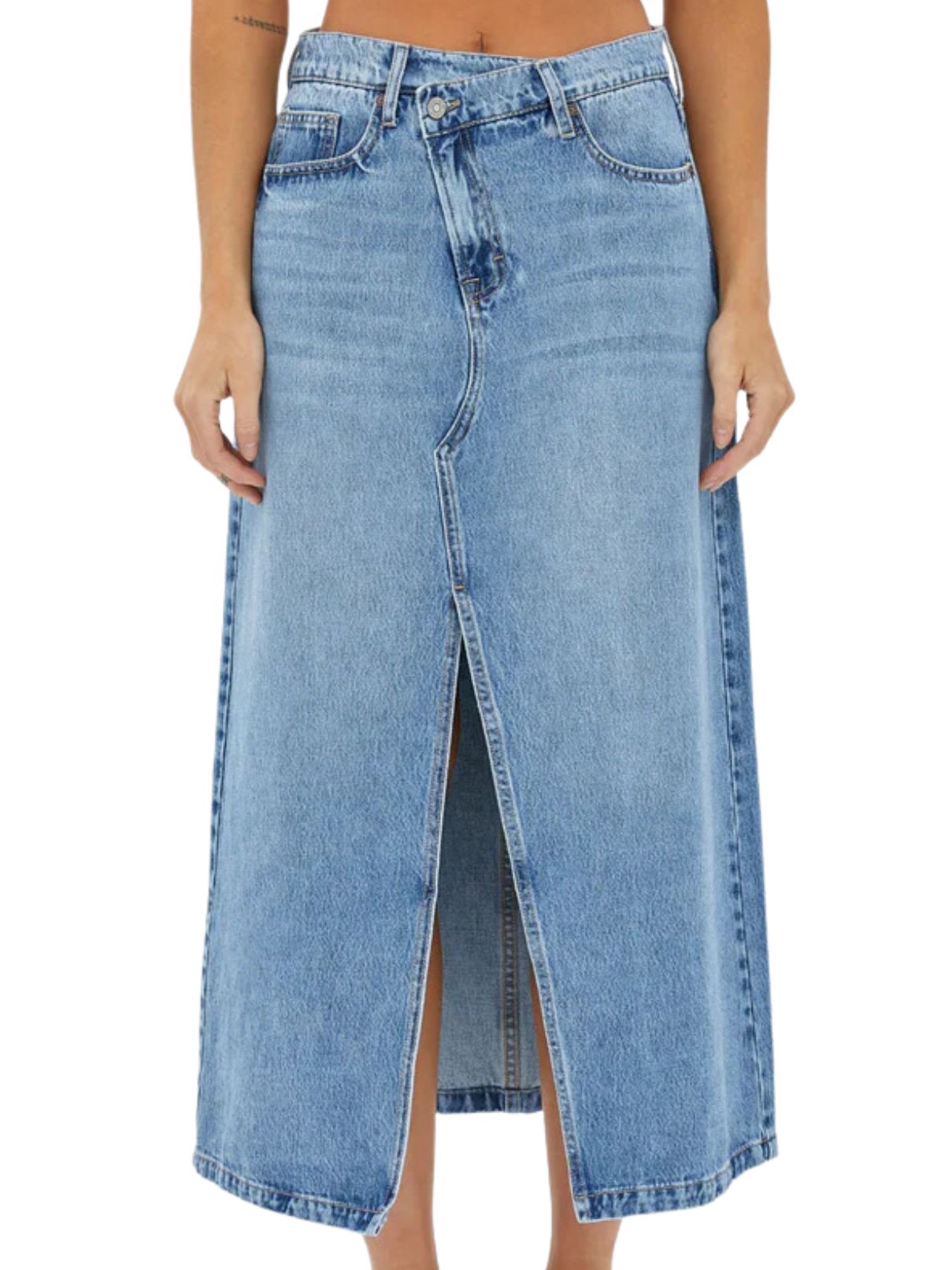 Hidden Midi Front Slit Peyton Skirt in Medium Wash