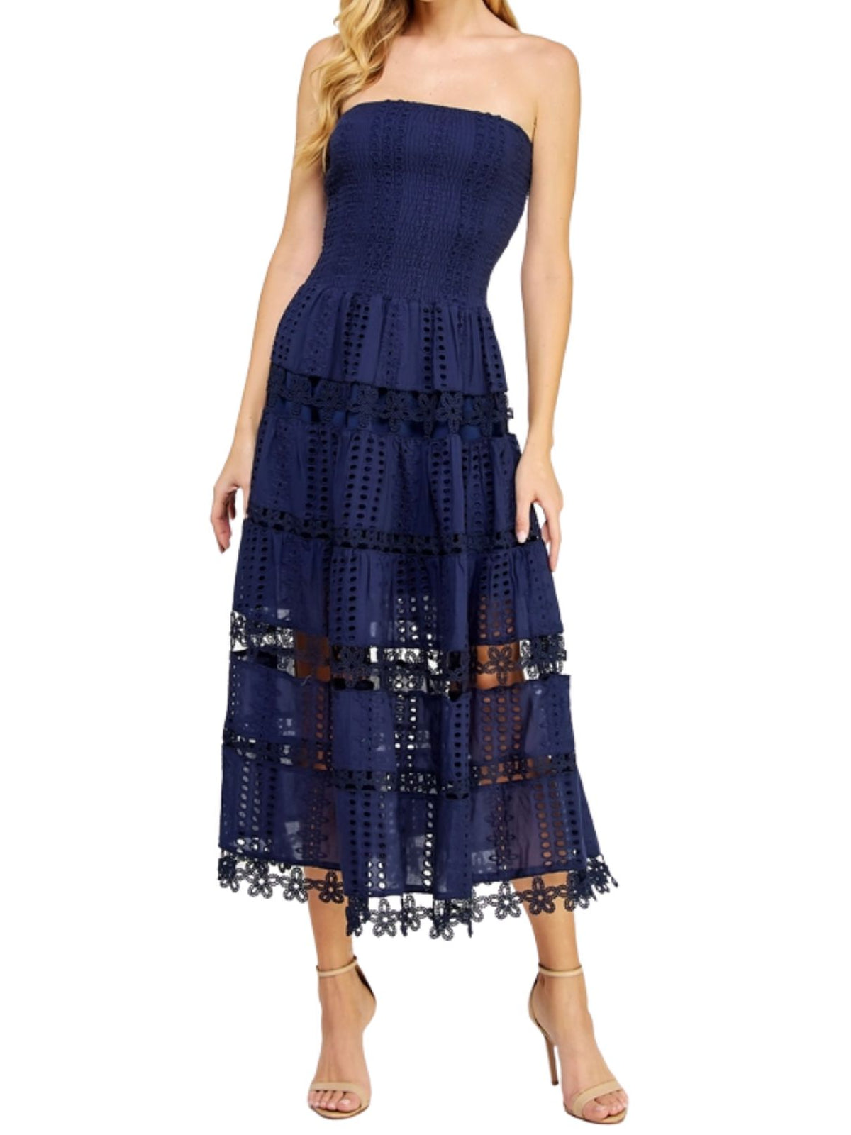 Home Game Eyelet Midi Dress in Navy