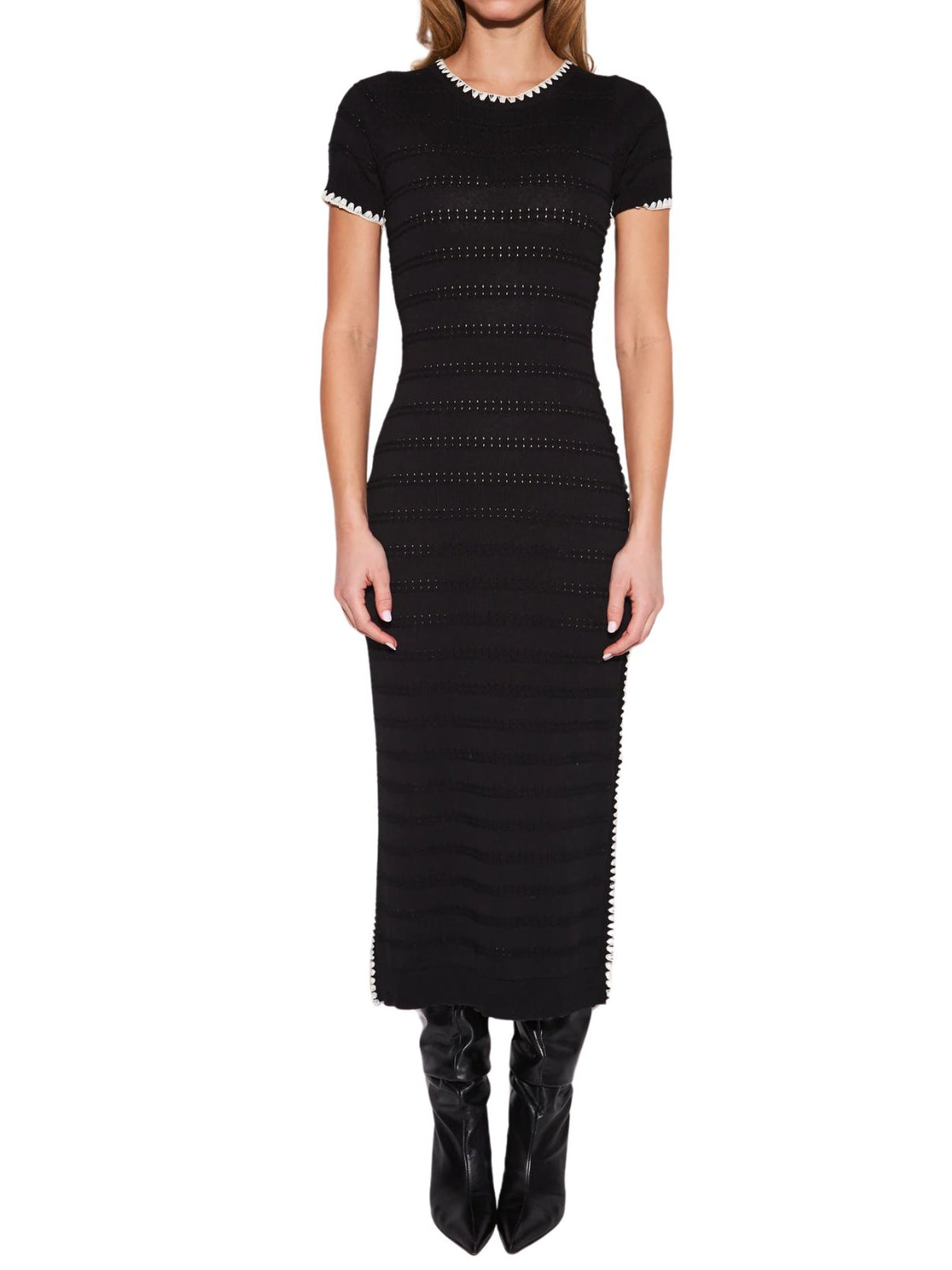 John + Jenn Warren Embroidered Trim Open Knit Midi Dress in Black