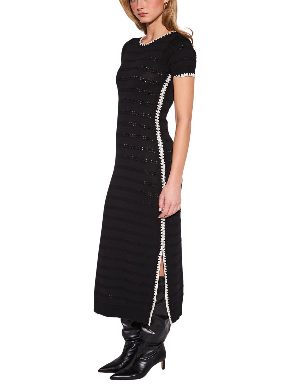 John + Jenn Warren Embroidered Trim Open Knit Midi Dress in Black