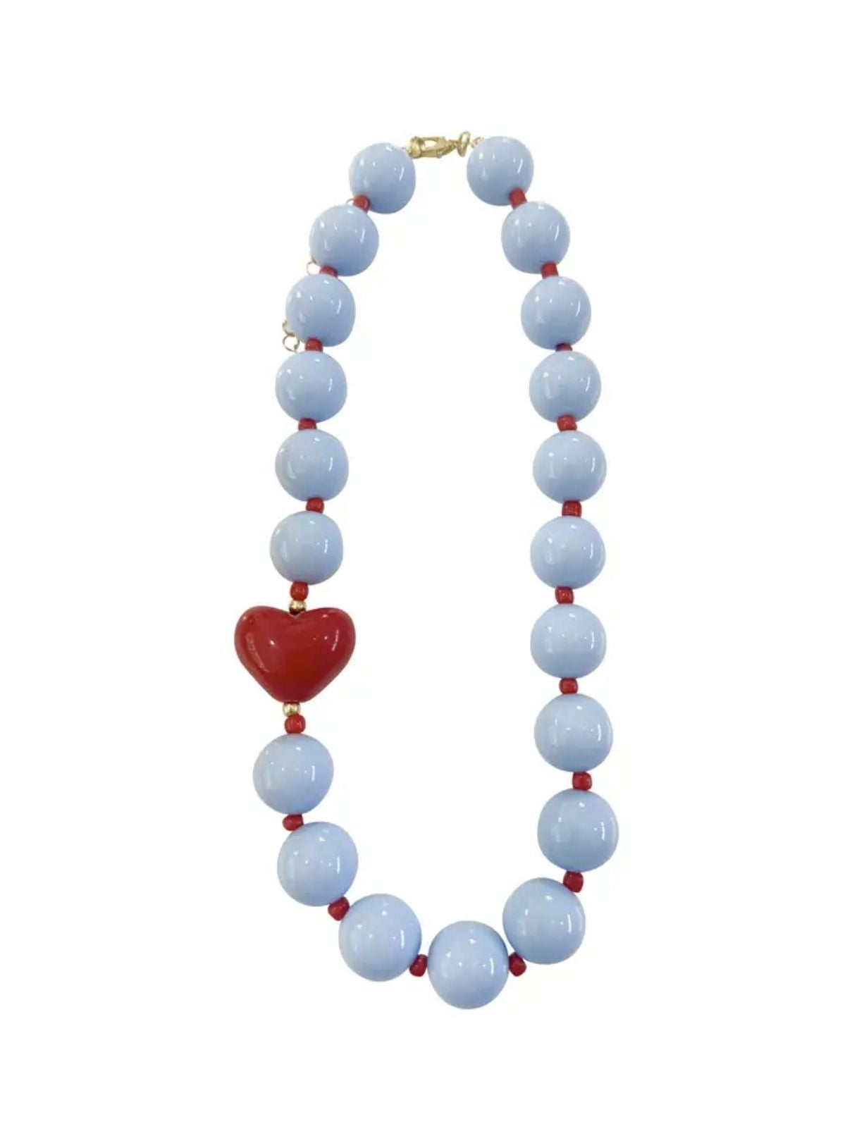 Judy Chunky Beaded Heart Necklace – Light Blue & Red