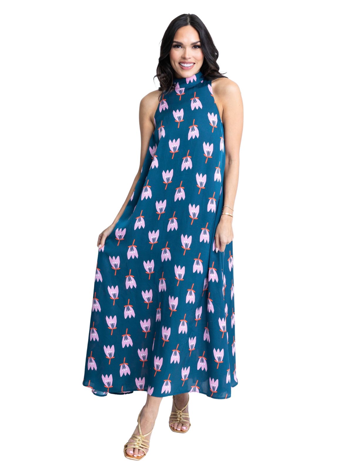 Karlie Poppy Satin Halter Maxi Dress
