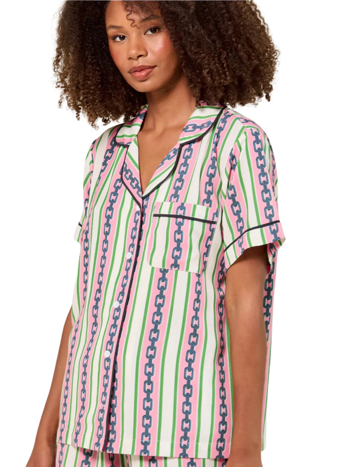 Katie Kime Chain Stripe Pajama Set in Pink/Green