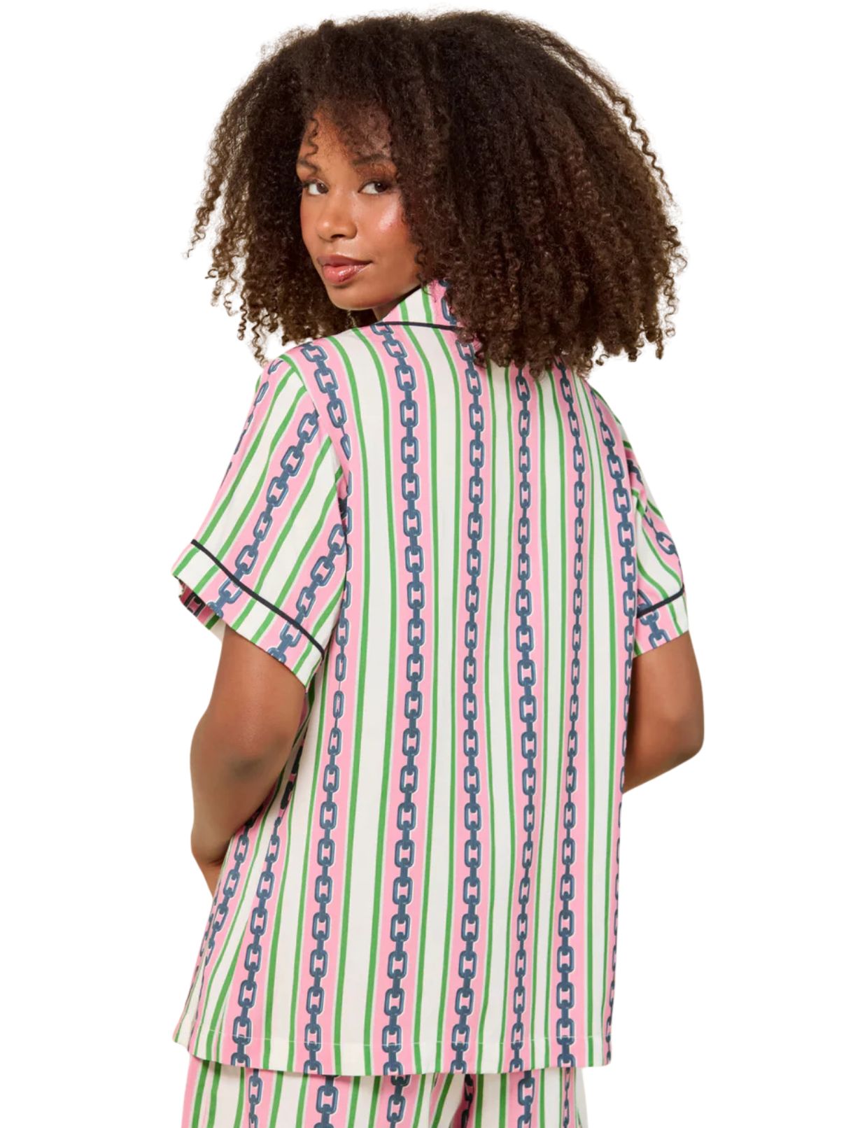 Katie Kime Chain Stripe Pajama Set in Pink/Green
