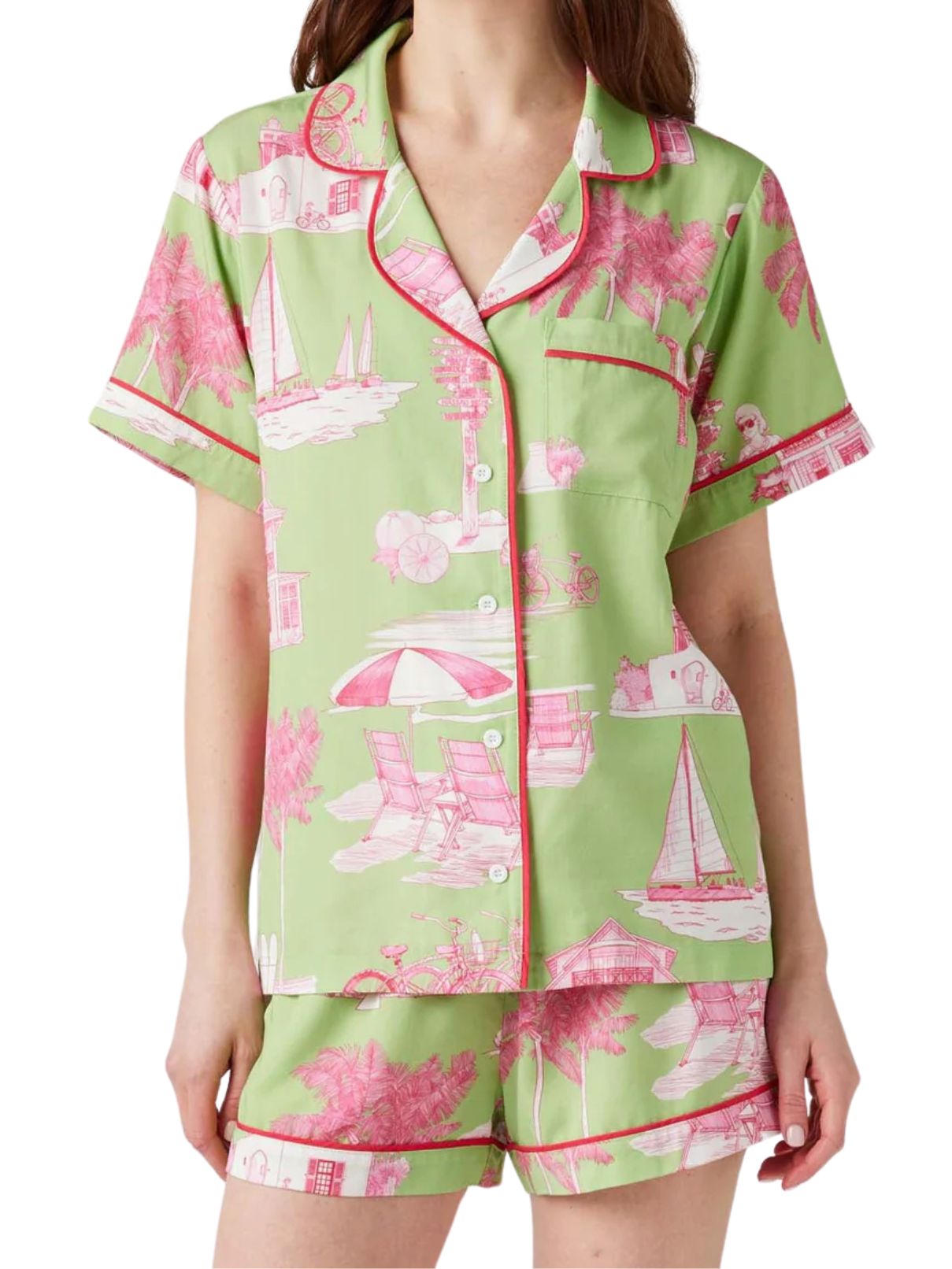 Katie Kime Florida Toile Pajama Short Set in Green/Pink