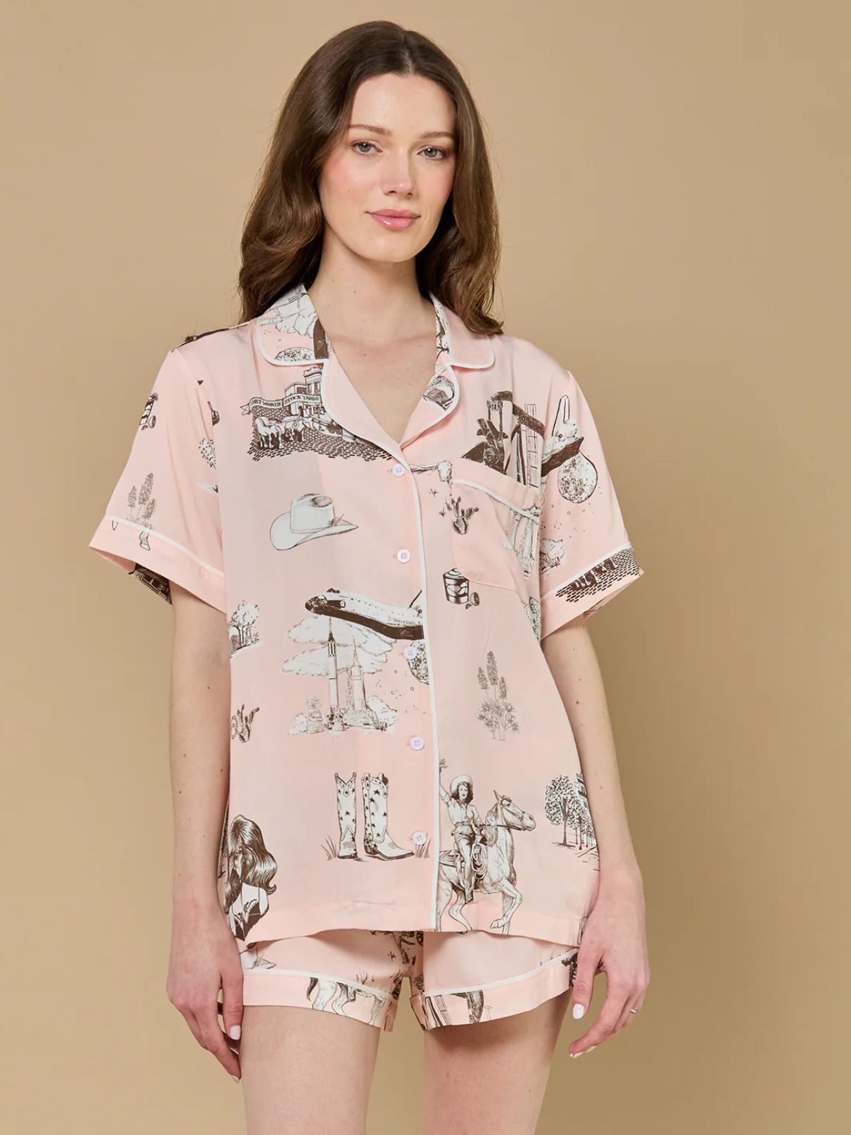 Katie Kime Texas Pajama Short Set Pink Brown