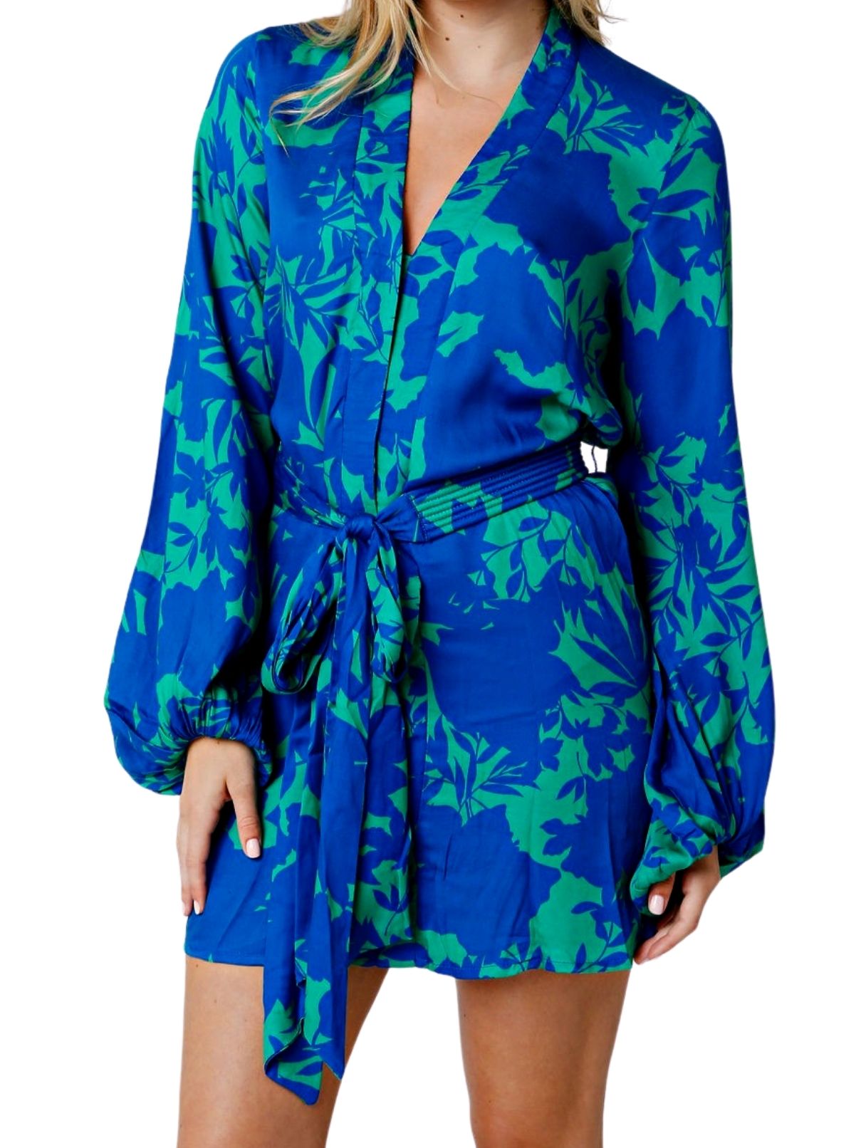 Kelilah Bubble Sleeve Dress in Green/Blue