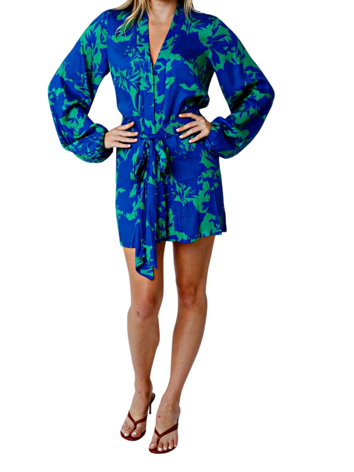 Kelilah Bubble Sleeve Dress in Green/Blue